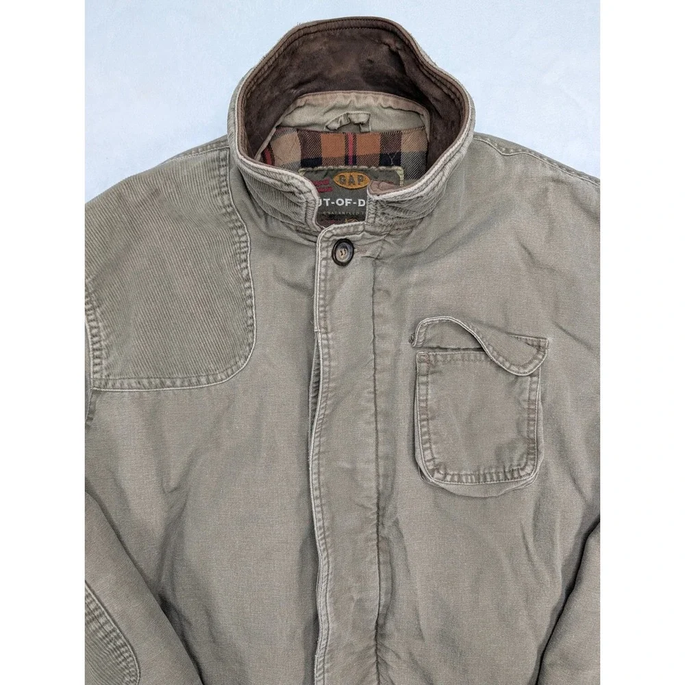 GAP Out-of-Doors Mens Medium Olive Grunge Field Jacket Leather Trim Plaid